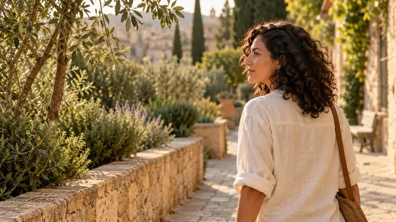 Illustration of a woman walking alone along a garden path among lavender and olive trees