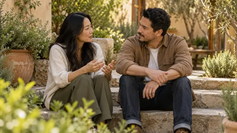 Illustration of a couple talking on stone garden steps in warm light